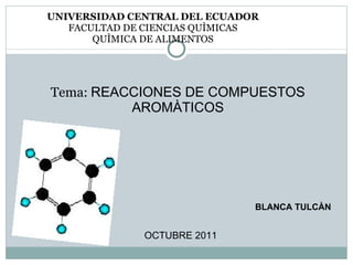 UNIVERSIDAD CENTRAL DEL ECUADOR FACULTAD DE CIENCIAS QUÌMICAS QUÌMICA DE ALIMENTOS Tema:  REACCIONES DE COMPUESTOS AROMÀTICOS OCTUBRE 2011 BLANCA TULCÀN 