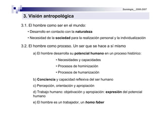 Sociología__2006-2007


 3. Visión antropológica
3.1. El hombre como ser en el mundo:
   • Desarrollo en contacto con la naturaleza
   • Necesidad de la sociedad para la realización personal y la individualización

3.2. El hombre como proceso. Un ser que se hace a sí mismo
      a) El hombre desarrolla su potencial humano en un proceso histórico:
                     • Necesidades y capacidades
                     • Procesos de hominización
                     • Procesos de humanización

      b) Conciencia y capacidad reflexiva del ser humano
      c) Percepción, orientación y apropiación
      d) Trabajo humano: objetivación y apropiación: expresión del potencial
      humano
      e) El hombre es un trabajador, un homo faber
 