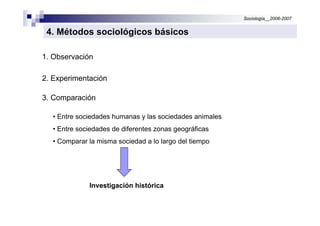 Sociología__2006-2007


 4. Métodos sociológicos básicos

1. Observación

2. Experimentación

3. Comparación

  • Entre sociedades humanas y las sociedades animales
  • Entre sociedades de diferentes zonas geográficas
  • Comparar la misma sociedad a lo largo del tiempo




             Investigación histórica
 