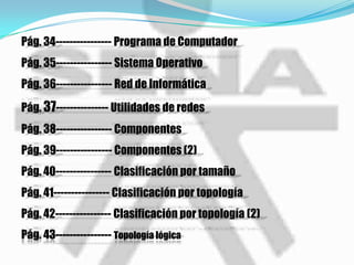 Pág. 34---------------- Programa de ComputadorPág. 35---------------- Sistema OperativoPág. 36---------------- Red de InformáticaPág. 37--------------- Utilidades de redesPág. 38---------------- ComponentesPág. 39---------------- Componentes (2)Pág. 40---------------- Clasificación por tamañoPág. 41---------------- Clasificación por topologíaPág. 42---------------- Clasificación por topología (2)Pág. 43---------------- Topología lógica