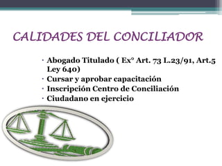 CALIDADES DEL CONCILIADOR
 Abogado Titulado ( Ex° Art. 73 L.23/91, Art.5
Ley 640)
 Cursar y aprobar capacitación
 Inscripción Centro de Conciliación
 Ciudadano en ejercicio

 