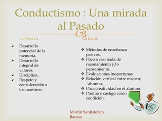 Conductismo : Una mirada
           al Pasado
    Lo bueno:
                           Lo malo:
   Desarrollo
    potencial de la         Métodos de enseñanza
    memoria.                 pasivos.
   Desarrollo              Poco o casi nada de
    integral de              razonamiento y/o
    valores.                 pensamiento.
   Disciplina .            Evaluaciones inoportunas.
   Respeto y               Relación vertical entre maestro
    consideración a          –alumno.
    los maestros.           Poca creatividad en el alumno.
                            Premio o castigo como
                             condición.


                      Martin Santisteban
                      Bances
 