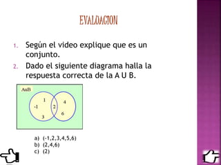 1. Según el video explique que es un
conjunto.
2. Dado el siguiente diagrama halla la
respuesta correcta de la A U B.
a) (-1,2,3,4,5,6)
b) (2,4,6)
c) (2)
 