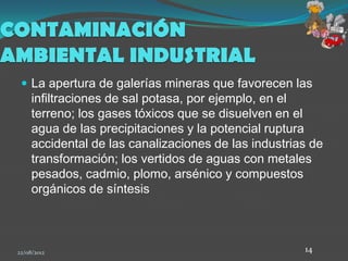 CONTAMINACIÓN
AMBIENTAL INDUSTRIAL
   La apertura de galerías mineras que favorecen las
      infiltraciones de sal potasa, por ejemplo, en el
      terreno; los gases tóxicos que se disuelven en el
      agua de las precipitaciones y la potencial ruptura
      accidental de las canalizaciones de las industrias de
      transformación; los vertidos de aguas con metales
      pesados, cadmio, plomo, arsénico y compuestos
      orgánicos de síntesis



 22/08/2012                                            14
 