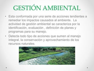 GESTIÓN AMBIENTAL
• Esta conformada por una serie de acciones tendientes a
remediar los impactos causados al ambiente. La
actividad de gestión ambiental se caracteriza por la
identificación, evaluación , definición de planes y
programas para su manejo.
• Detecta todo tipo de acciones que sumen al manejo
integral, la conservación y aprovechamiento de los
recursos naturales.
 