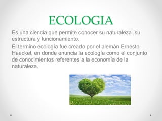 ECOLOGIA
Es una ciencia que permite conocer su naturaleza ,su
estructura y funcionamiento.
El termino ecología fue creado por el alemán Ernesto
Haeckel, en donde enuncia la ecología como el conjunto
de conocimientos referentes a la economía de la
naturaleza.
 