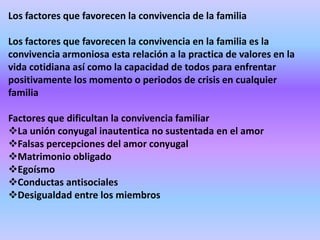 Los factores que favorecen la convivencia de la familia

Los factores que favorecen la convivencia en la familia es la
convivencia armoniosa esta relación a la practica de valores en la
vida cotidiana así como la capacidad de todos para enfrentar
positivamente los momento o periodos de crisis en cualquier
familia

Factores que dificultan la convivencia familiar
La unión conyugal inautentica no sustentada en el amor
Falsas percepciones del amor conyugal
Matrimonio obligado
Egoísmo
Conductas antisociales
Desigualdad entre los miembros
 