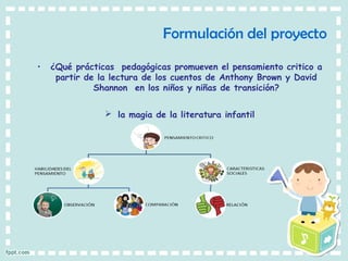 Formulación del proyecto
• ¿Qué prácticas pedagógicas promueven el pensamiento critico a
partir de la lectura de los cuentos de Anthony Brown y David
Shannon en los niños y niñas de transición?
 la magia de la literatura infantil
 