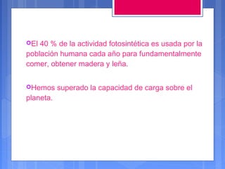 El

40 % de la actividad fotosintética es usada por la
población humana cada año para fundamentalmente
comer, obtener madera y leña.
Hemos

planeta.

superado la capacidad de carga sobre el

 
