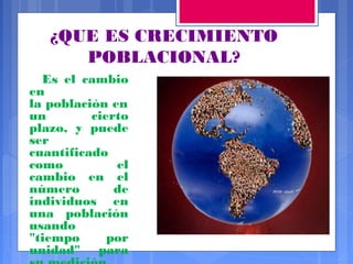 ¿QUE ES CRECIMIENTO
POBLACIONAL?
Es el cambio
en
la población en
un
cierto
plazo, y puede
ser
cuantificado
como
el
cambio en el
número
de
individuos en
una población
usando
"tiempo
por
unidad" para

 