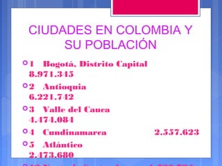 CIUDADES EN COLOMBIA Y
SU POBLACIÓN
1

Bogotá, Distrito Capital
8.971.345
 2 Antioquia
6.221.742
 3 Valle del Cauca
4.474.084
 4 Cundinamarca
2.557.623
 5 Atlántico
2.473.680

 