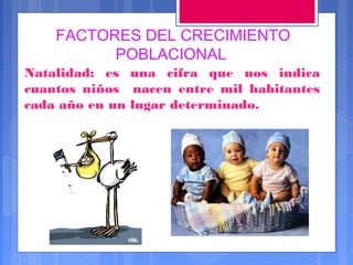 FACTORES DEL CRECIMIENTO
POBLACIONAL
Natalidad: es una cifra que nos indica
cuantos niños nacen entre mil habitantes
cada año en un lugar determinado.

 