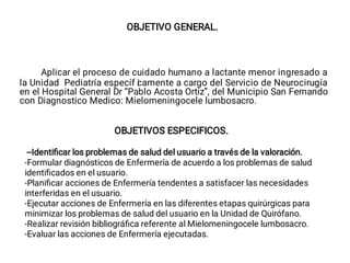 OBJETIVO GENERAL.
Aplicar el proceso de cuidado humano a lactante menor ingresado a
la Unidad Pediatría específ i
camente a cargo del Servicio de Neurocirugía
en el Hospital General Dr “Pablo Acosta Ortiz”, del Municipio San Fernando
con Diagnostico Medico: Mielomeningocele lumbosacro.
OBJETIVOS ESPECIFICOS.
--Identiﬁcar los problemas de salud del usuario a través de la valoración.
-Formular diagnósticos de Enfermería de acuerdo a los problemas de salud
identiﬁcados en el usuario.
-Planiﬁcar acciones de Enfermería tendentes a satisfacer las necesidades
interferidas en el usuario.
-Ejecutar acciones de Enfermería en las diferentes etapas quirúrgicas para
minimizar los problemas de salud del usuario en la Unidad de Quirófano.
-Realizar revisión bibliográﬁca referente al Mielomeningocele lumbosacro.
-Evaluar las acciones de Enfermería ejecutadas.
 