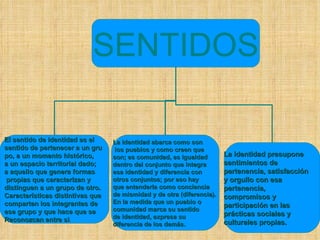 La identidad presupone sentimientos de pertenencia, satisfacción y orgullo con esa pertenencia, compromisos y participación en las prácticas sociales y culturales propias. SENTIDOS El sentido de identidad es el  sentido de pertenecer a un gru po, a un momento histórico,  a un espacio territorial dado;  a aquello que genera formas propias que caracterizan y  distinguen a un grupo de otro.  Características distintivas que  comparten los integrantes de  ese grupo y que hace que se  Reconozcan entre si . La identidad abarca como son los pueblos y como creen que  son; es comunidad, es igualdad  dentro del conjunto que integra  esa identidad y diferencia con  otros conjuntos; por eso hay  que entenderla como conciencia de mismidad y de otra (diferencia).  En la medida que un pueblo o  comunidad marca su sentido  de identidad, expresa su  diferencia de los demás.  