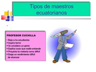 Tipos de maestros
ecuatorianos
Tipos de maestros
ecuatorianos
.
PROFESOR CUCHILLA
• Raja a los estudiantes
• Inspira terror
• Se considera un genio
• Explica cosas que nadie entiende
• Proyecta la materia como difícil
• Exige un rendimiento difícil
de alcanzar
PROFESOR CUCHILLA
• Raja a los estudiantes
• Inspira terror
• Se considera un genio
• Explica cosas que nadie entiende
• Proyecta la materia como difícil
• Exige un rendimiento difícil
de alcanzar
 