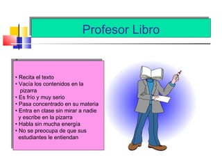 Profesor LibroProfesor Libro
.
• Recita el texto
• Vacía los contenidos en la
pizarra
• Es frío y muy serio
• Pasa concentrado en su materia
• Entra en clase sin mirar a nadie
y escribe en la pizarra
• Habla sin mucha energía
• No se preocupa de que sus
estudiantes le entiendan
• Recita el texto
• Vacía los contenidos en la
pizarra
• Es frío y muy serio
• Pasa concentrado en su materia
• Entra en clase sin mirar a nadie
y escribe en la pizarra
• Habla sin mucha energía
• No se preocupa de que sus
estudiantes le entiendan
 