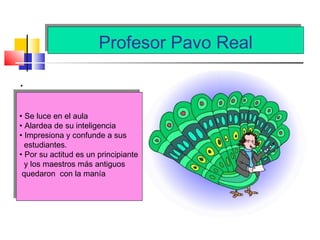 Profesor Pavo RealProfesor Pavo Real
.
• Se luce en el aula
• Alardea de su inteligencia
• Impresiona y confunde a sus
estudiantes.
• Por su actitud es un principiante
y los maestros más antiguos
quedaron con la manía
• Se luce en el aula
• Alardea de su inteligencia
• Impresiona y confunde a sus
estudiantes.
• Por su actitud es un principiante
y los maestros más antiguos
quedaron con la manía
 