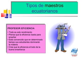 Tipos de maestros
ecuatorianos
Tipos de maestros
ecuatorianos
PROFESOR EFICIENCIA
• Todo es solo rendimiento
• Piensa que la eficiencia basta para
enseñar
• Está convencido que en determinado
tiempo sus estudiantes dominarán
la materia
• Cree que la eficiencia el todo de la
buena enseñanza
PROFESOR EFICIENCIA
• Todo es solo rendimiento
• Piensa que la eficiencia basta para
enseñar
• Está convencido que en determinado
tiempo sus estudiantes dominarán
la materia
• Cree que la eficiencia el todo de la
buena enseñanza
 