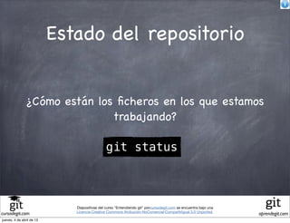 Estado del repositorio


               ¿Cómo están los ﬁcheros en los que estamos
                              trabajando?

                                               git status



                              Diapositivas del curso "Entendiendo git" porcursodegit.com se encuentra bajo una
                              Licencia Creative Commons Atribución-NoComercial-CompartirIgual 3.0 Unported.
cursodegit.com                                                                                                   aprendegit.com
jueves, 4 de abril de 13
 