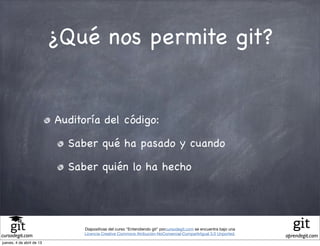 ¿Qué nos permite git?


                           Auditoría del código:

                             Saber qué ha pasado y cuando

                             Saber quién lo ha hecho




                                 Diapositivas del curso "Entendiendo git" porcursodegit.com se encuentra bajo una
                                 Licencia Creative Commons Atribución-NoComercial-CompartirIgual 3.0 Unported.
cursodegit.com                                                                                                      aprendegit.com
jueves, 4 de abril de 13
 
