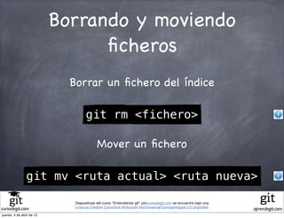 Borrando y moviendo
                                 ﬁcheros
                             Borrar un ﬁchero del índice

                                    git rm <fichero>

                                           Mover un ﬁchero

                git mv <ruta actual> <ruta nueva>

                              Diapositivas del curso "Entendiendo git" porcursodegit.com se encuentra bajo una
                              Licencia Creative Commons Atribución-NoComercial-CompartirIgual 3.0 Unported.
cursodegit.com                                                                                                   aprendegit.com
jueves, 4 de abril de 13
 