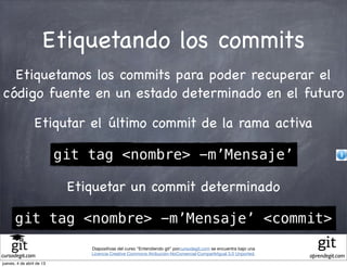 Etiquetando los commits
  Etiquetamos los commits para poder recuperar el
código fuente en un estado determinado en el futuro

                 Etiqutar el último commit de la rama activa

                           git tag <nombre> -m’Mensaje’

                            Etiquetar un commit determinado

       git tag <nombre> -m’Mensaje’ <commit>
                               Diapositivas del curso "Entendiendo git" porcursodegit.com se encuentra bajo una
                               Licencia Creative Commons Atribución-NoComercial-CompartirIgual 3.0 Unported.
cursodegit.com                                                                                                    aprendegit.com
jueves, 4 de abril de 13
 