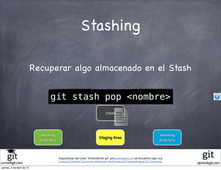 Stashing

                           Recuperar algo almacenado en el Stash


                                  git stash pop <nombre>
                                                                             Stash




                             Working                                                                                  Working
                                                                        Staging Area
                             directory                                                                                directory



                                         Diapositivas del curso "Entendiendo git" porcursodegit.com se encuentra bajo una
                                         Licencia Creative Commons Atribución-NoComercial-CompartirIgual 3.0 Unported.
cursodegit.com                                                                                                                    aprendegit.com
jueves, 4 de abril de 13
 