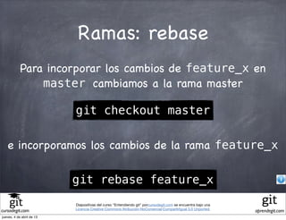 Ramas: rebase
            Para incorporar los cambios de feature_x en
                master cambiamos a la rama master

                           git checkout master

   e incorporamos los cambios de la rama feature_x

                           git rebase feature_x
                           Diapositivas del curso "Entendiendo git" porcursodegit.com se encuentra bajo una
                           Licencia Creative Commons Atribución-NoComercial-CompartirIgual 3.0 Unported.
cursodegit.com                                                                                                aprendegit.com
jueves, 4 de abril de 13
 