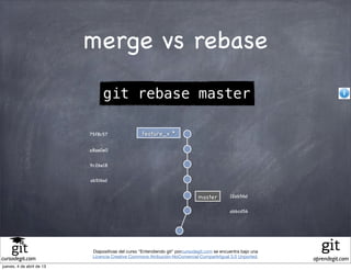 merge vs rebase

                                git rebase master

                           75f8c57                 feature_x *

                           a8ae0e0


                           9c26e18


                           ab516sd


                                                                               master         12ab56d


                                                                                              abbcd56




                            Diapositivas del curso "Entendiendo git" porcursodegit.com se encuentra bajo una
                            Licencia Creative Commons Atribución-NoComercial-CompartirIgual 3.0 Unported.
cursodegit.com                                                                                                 aprendegit.com
jueves, 4 de abril de 13
 