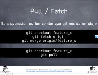 Pull / Fetch
 Esta operación es tan común que git nos da un atajo

                             git checkout feature_x
                                git fetch origin
                           git merge origin/feature_x


                            git checkout feature_x
                                   git pull



                            Diapositivas del curso "Entendiendo git" porcursodegit.com se encuentra bajo una
                            Licencia Creative Commons Atribución-NoComercial-CompartirIgual 3.0 Unported.
cursodegit.com                                                                                                 aprendegit.com
jueves, 4 de abril de 13
 