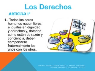 ARTICULO 1°
1.- Todos los seres
humanos nacen libres
e iguales en dignidad
y derechos y, dotados
como están de razón y
conciencia, deben
comportarse
fraternalmente los
unos con los otros.

DANIELA OSPINA~JESUS OYUELA ~ YESICA CARDOSO
~ LAURA CAICEDO ~ FILOSOFIA 7C 2013

 