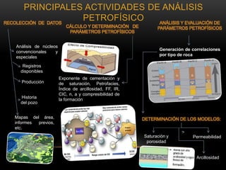 Análisis de núcleos
convencionales y
especiales
Registros
disponibles
Producción
Historia
del pozo
Mapas del área,
informes previos,
etc.
Generación de correlaciones
por tipo de roca
Arcillosidad
Saturación y
porosidad
Permeabilidad
Exponente de cementación y
de saturación, Petrofacies,
Índice de arcillosidad, FF, IR,
CIC, n, a y compresibilidad de
la formación
PRINCIPALES ACTIVIDADES DE ANÁLISIS
PETROFÍSICO
 
