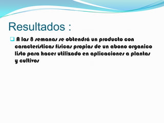 Resultados :
 A las 8 semanas se obtendrá un producto con
 características físicas propias de un abono organico
 listo para hacer utilizado en aplicaciones a plantas
 y cultivos
 