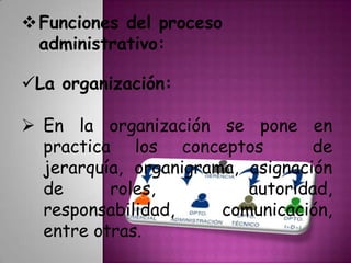 Funciones del proceso
administrativo:
La organización:
 En la organización se pone en
practica los conceptos de
jerarquía, organigrama, asignación
de roles, autoridad,
responsabilidad, comunicación,
entre otras.
 