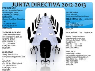 PRESIDENTE
Alonso Monsalve Gómez
alonsom@ltn.travel
L´ALIANXA TRAVEL
NETWORK
Centro Ccial San Diego Local
236
TEL (4) 3814500
FAX (4) 3853610
MEDELLÍN
VICEPRESIDENTE
Jaime Alberto Borrero
direccion@over.com.co
GRUPO OVER
CRA19B#84-12
TEL(1)6514404
FAX(1)6514404
BOGOTÁ
DIRECTOR
Samy Besudo Lion
samybessudo@aviatur.com.c
o
AVIATUR
Cra 11 No. 82-01 piso 4
TEL (1) 5876555
FAX (1) 6214645
BOGOTÁ
SECRETARIO
Víctor Alfonso
Orduzgerencia@bestravel.travel
BESTRAVEL SERVICES
LTDA
CLL 17 # 7-35 L. 7
TEL (1)2840000 Ext120
FAX (1)2840000
BOGOTÁ
VENDEDORA DE GESTIÓN
Martha Yaneth Lancheros
mlancheros@hotmail.com
RUTAS - TURISMO TOTAL
Cra 20 No. 34 - 41
TEL (7) 633 11 11
FAX (7) 652 16 64
BUCARAMANGA
SUPLENTE
Clara Llano Zuluaga
gerencia@iarepresentaciones.com
IA REPRESENTACIONES S.A.
CRA 13A # 86A - 54 OF.101
TEL (1)2573526
FAX (1)3573547
BOGOTÁ
 