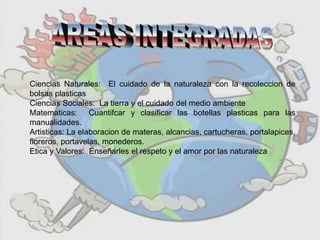 Ciencias Naturales: El cuidado de la naturaleza con la recoleccion de
bolsas plasticas
Ciencias Sociales: La tierra y el cuidado del medio ambiente
Matematicas: Cuantifcar y clasificar las botellas plasticas para las
manualidades.
Artisticas: La elaboracion de materas, alcancias, cartucheras, portalapices,
floreros, portavelas, monederos.
Etica y Valores: Enseñarles el respeto y el amor por las naturaleza
 