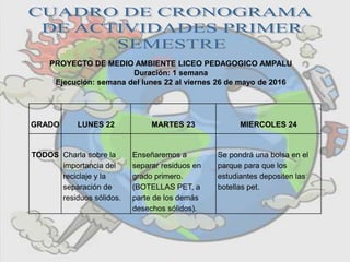 PROYECTO DE MEDIO AMBIENTE LICEO PEDAGOGICO AMPALU
Duración: 1 semana
Ejecución: semana del lunes 22 al viernes 26 de mayo de 2016
GRADO LUNES 22 MARTES 23 MIERCOLES 24
TODOS Charla sobre la
importancia del
reciclaje y la
separación de
residuos sólidos.
Enseñaremos a
separar residuos en
grado primero.
(BOTELLAS PET, a
parte de los demás
desechos sólidos).
Se pondrá una bolsa en el
parque para que los
estudiantes depositen las
botellas pet.
 