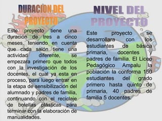 Este proyecto tiene una
duración de tres a cinco
meses, teniendo en cuenta
que cada salón tiene una
actividad diferente, se
empezara primero que todos
con la investigación de los
docentes, el cual ya esta en
proceso, para luego entrar en
la etapa de sensibilización del
alumnado y padres de familia,
continuando con el reciclaje
de botellas plásticas para
terminar con la elaboración de
manualidades.
Este proyecto se
desarrollara con los
estudiantes de básica
primaria, docentes y
padres de familia. El Liceo
Pedagógico Ampalu la
población la conforma 150
estudiantes del grado
primero hasta quinto de
primaria, 40 padres de
familia 5 docentes.
 