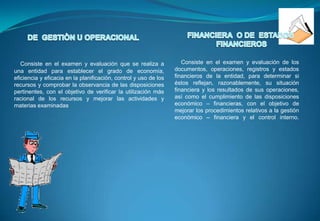 FINANCIERA  O DE  ESTADOS  FINANCIEROSDE  GESTIÒN U OPERACIONALConsiste en el examen y evaluación que se realiza a una entidad para establecer el grado de economía, eficiencia y eficacia en la planificación, control y uso de los recursos y comprobar la observancia de las disposiciones pertinentes, con el objetivo de verificar la utilización más racional de los recursos y mejorar las actividades y materias examinadas    Consiste en el examen y evaluación de los documentos, operaciones, registros y estados financieros de la entidad, para determinar si éstos reflejan, razonablemente, su situación financiera y los resultados de sus operaciones, así como el cumplimiento de las disposiciones económico – financieras, con el objetivo de mejorar los procedimientos relativos a la gestión económico – financiera y el control interno. 