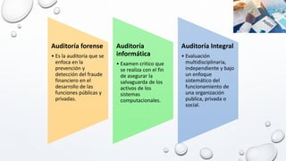 Auditoría forense
• Es la auditoría que se
enfoca en la
prevención y
detección del fraude
financiero en el
desarrollo de las
funciones públicas y
privadas.
Auditoría
informática
• Examen critico que
se realiza con el fin
de asegurar la
salvaguarda de los
activos de los
sistemas
computacionales.
Auditoría Integral
• Evaluación
multidisciplinaria,
independiente y bajo
un enfoque
sistemático del
funcionamiento de
una organización
publica, privada o
social.
 