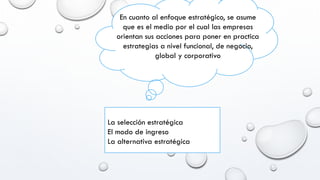 En cuanto al enfoque estratégico, se asume
que es el medio por el cual las empresas
orientan sus acciones para poner en practica
estrategias a nivel funcional, de negocio,
global y corporativo
La selección estratégica
El modo de ingreso
La alternativa estratégica
 
