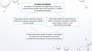 EL MODO DE INGRESO
Se refiere a las opciones estratégicas por las que las
organizaciones pueden optar para incursionar y competir
en mercados extranjeros.
Exportación directa, venta de productos
hechos por empresas nacionales a clientes
en otros países.
Exportación indirecta, mecanismo para
llegar a los clientes extranjeros mediantes
exportaciones realizar as con
intermediarios nacionales
Ambas alternativas reduce el riesgo y necesidades
de capital, por ello representan una manera
prudente de acercamiento al terreno Internacional.
 