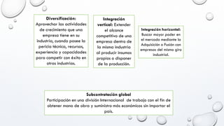 Diversificación:
Aprovechar las actividades
de crecimiento que una
empresa tiene en su
industria, cuando posee la
pericia técnica, recursos,
experiencia y capacidades
para competir con éxito en
otras industrias.
Integración
vertical: Extender
el alcance
competitivo de una
empresa dentro de
la misma industria
al producir insumos
propios o disponer
de la producción.
Integración horizontal:
Buscar mayor poder en
el mercado mediante la
Adquisición o Fusión con
empresas del mismo giro
industrial.
Subcontratación global
Participación en una división Internacional de trabajo con el fin de
obtener mano de obra y suministro más económicos sin importar el
país.
 