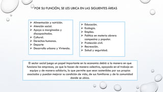 POR SU FUNCIÓN, SE LES UBICA EN LAS SIGUIENTES ÁREAS
 Alimentación y nutrición.
 Atención social.
 Apoyo a marginados y
discapacitados.
 Cultural.
 Derechos humanos.
 Deporte
 Desarrollo urbano y Vivienda.
 Educación.
 Ecología.
 Empleo.
 Política en materia obrera
campesina y popular.
 Protección civil.
 Recreación.
 Salud y seguridad.
El sector social juega un papel importante en la economía debió a la manera en que
funciona las empresas, ya que lo hacen de manera colectiva, apoyada en el trabajo en
equipo y de manera solidaria, lo que permite que sean sostenibles por sus propios
asociados y puedan mejorar su condición de vida, de sus familiares y de la comunidad
donde se ubica.
 