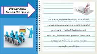 En su tesis profesional valora la necesidad de
que las empresas analicen su comportamiento a
partir de la revisión de las funciones de
dirección, ﬁnanciamiento, personal, producción,
ventas y distribución, así como registro
contable y estadístico
Por otra parte,
Manuel D’Azaola S.
 