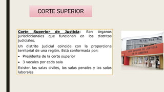CORTE SUPERIOR
Corte Superior de Justicia: Son órganos
jurisdiccionales que funcionan en los distritos
judiciales.
Un distrito judicial coincide con la proporciona
territorial de una región. Está conformada por:
 Presidente de la corte superior
 3 vocales por cada sala
Existen las salas civiles, las salas penales y las salas
laborales
 