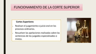 Cortes Superiores
 Realizan el juzgamiento o juicio oral en los
procesos ordinarios.
 Resuelven las apelaciones realizadas sobre las
sentencias de los juzgados especializados o
mixtos.
FUNCIONAMIENTO DE LA CORTE SUPERIOR
 