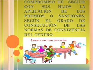 COMPROMISO DE SEGUIR
CON SUS HIJOS LA
APLICACIÓN DE LOS
PREMIOS O SANCIONES,
SEGÚN EL GRADO DE
CONSECUCIÓN DE LAS
NORMAS DE CONVIVENCIA
DEL CENTRO.
 