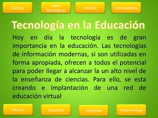 Carátula
Infocus Televisión CD-ROOM Pizarra Virtual
ComputadorasInternet
Aulas
Tecnológicas
Hoy en día la tecnología es de gran
importancia en la educación. Las tecnologías
de información modernas, si son utilizadas en
forma apropiada, ofrecen a todos el potencial
para poder llegar a alcanzar la un alto nivel de
la enseñanza de ciencias. Para ello, se esta
creando e implantación de una red de
educación virtual
 