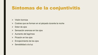 Síntomas de la conjuntivitis
 Visión borrosa
 Costras que se forman en el párpado durante la noche
 Dolor de ojos
 Sensación arenosa en los ojos
 Aumento del lagrimeo
 Picazón en los ojos
 Enrojecimiento de los ojos
 Sensibilidad a la luz
 
